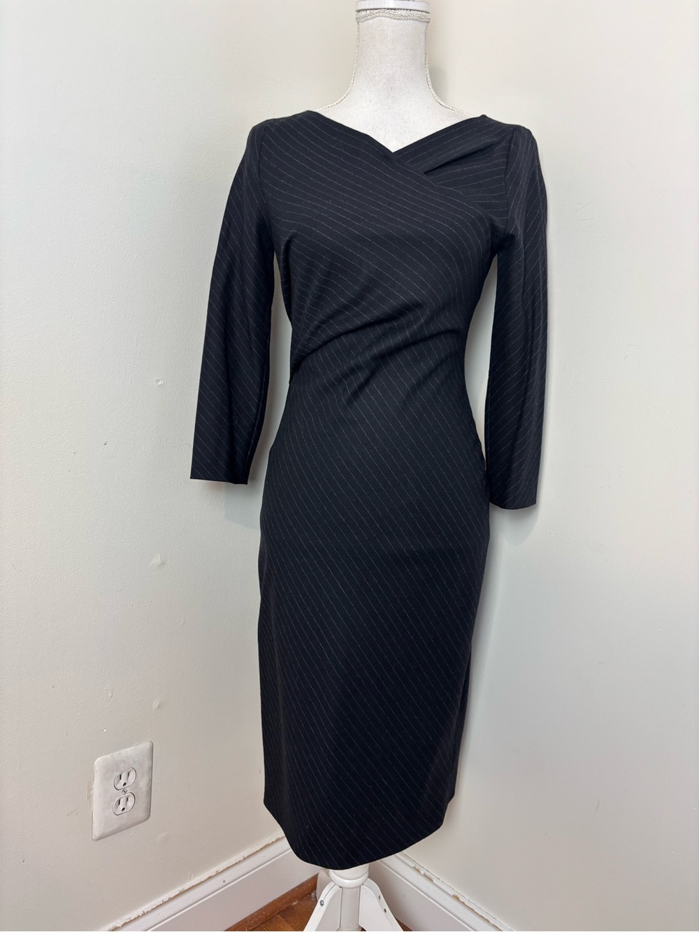 MaxMara Pinstriped Draped Sheath Dress Black Virgin Wool Size 4